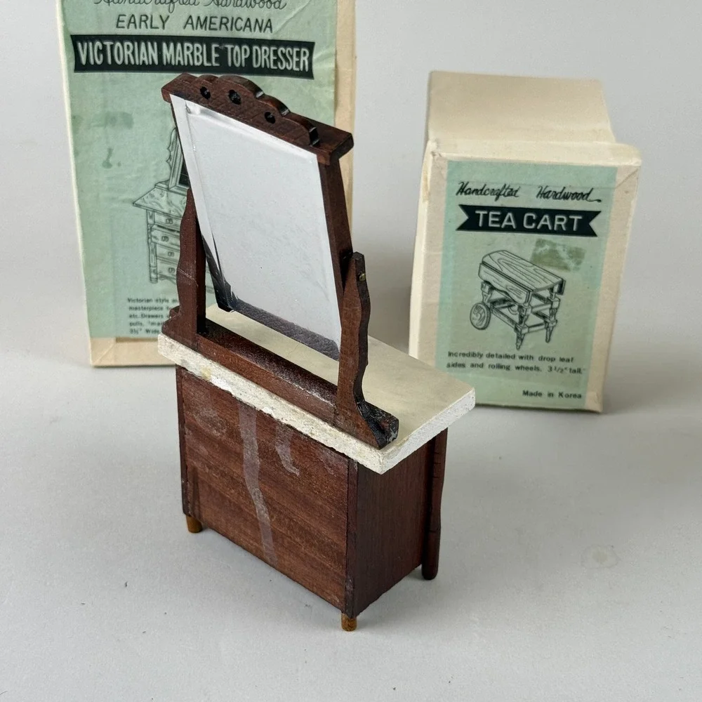 Vtg Doll house furniture Hardwood Miniature Victorian‎ Dresser and Tea Cart 1:12